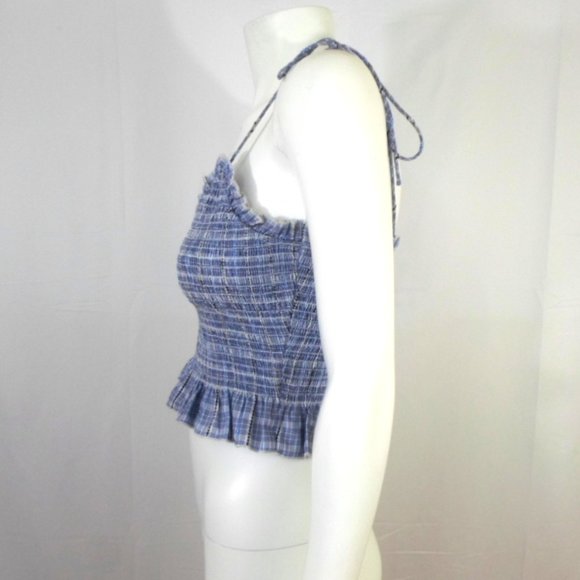 After Market Blue Plaid Smocked Sleeveless Crop Top - Picture 3 of 6